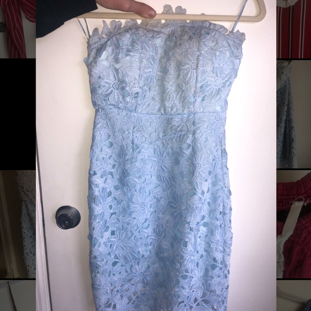 Blue strapless lace bodycon dress